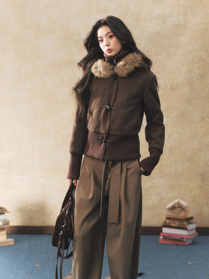 Fur Collar Faux-Layered Wool-Blend Jacket