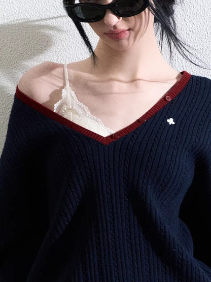 Ribbed Cable-Knit Wool-Blend V-Neck Top
