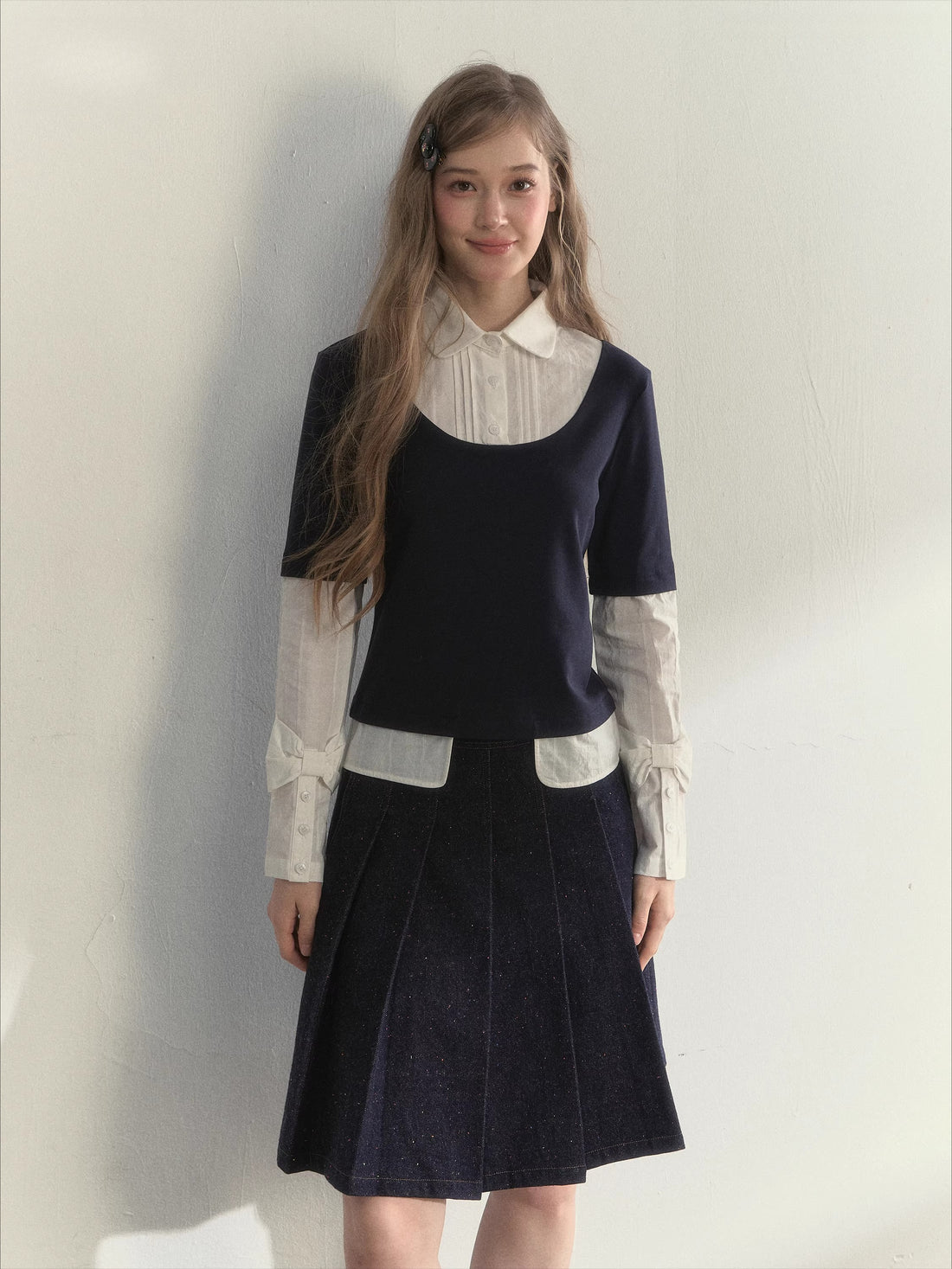 Navy Layered Long-Sleeve Knit Shirt