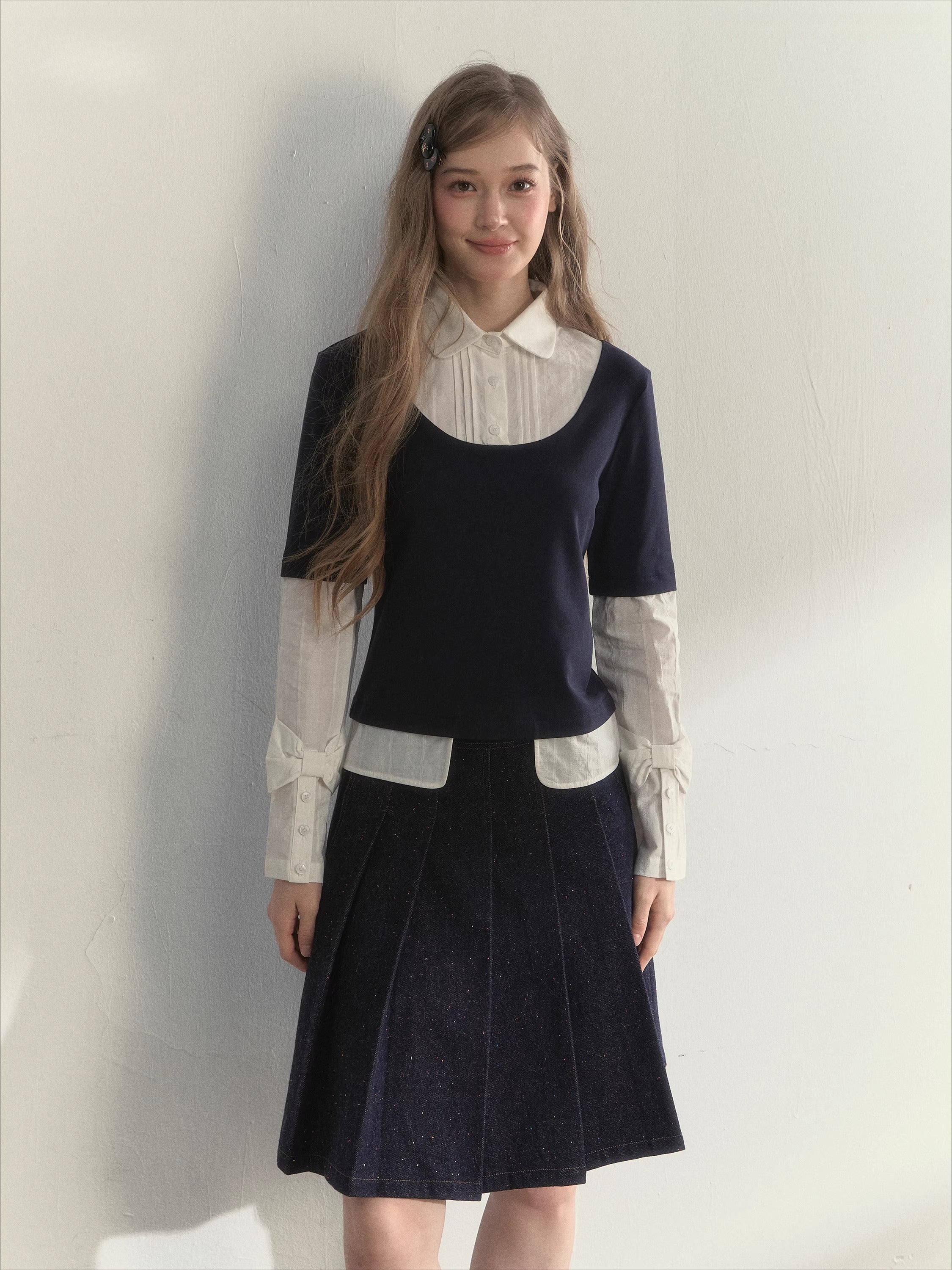 Navy Layered Long-Sleeve Knit Shirt