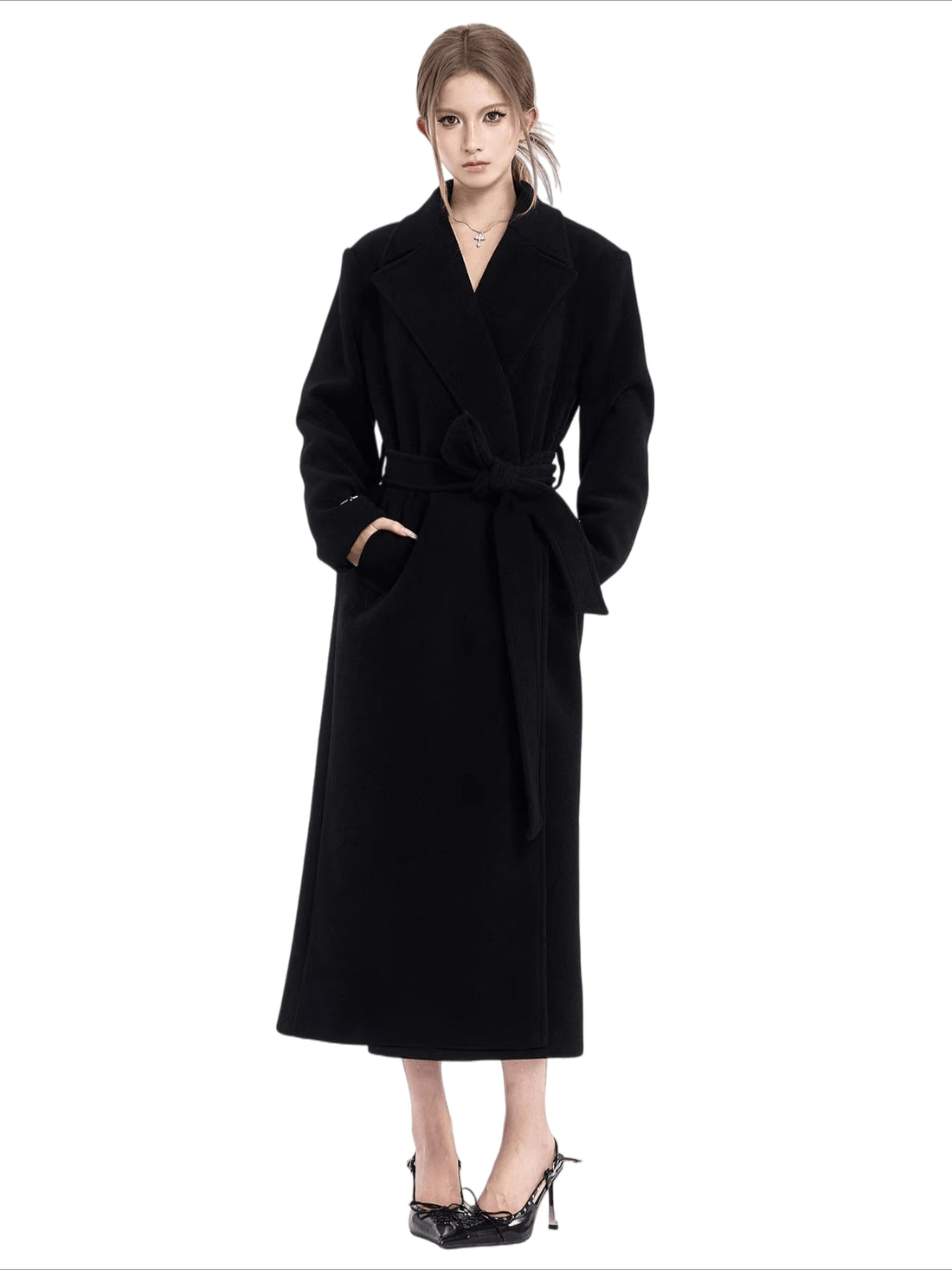 Padded-Shoulder Wool-Blend Long Coat