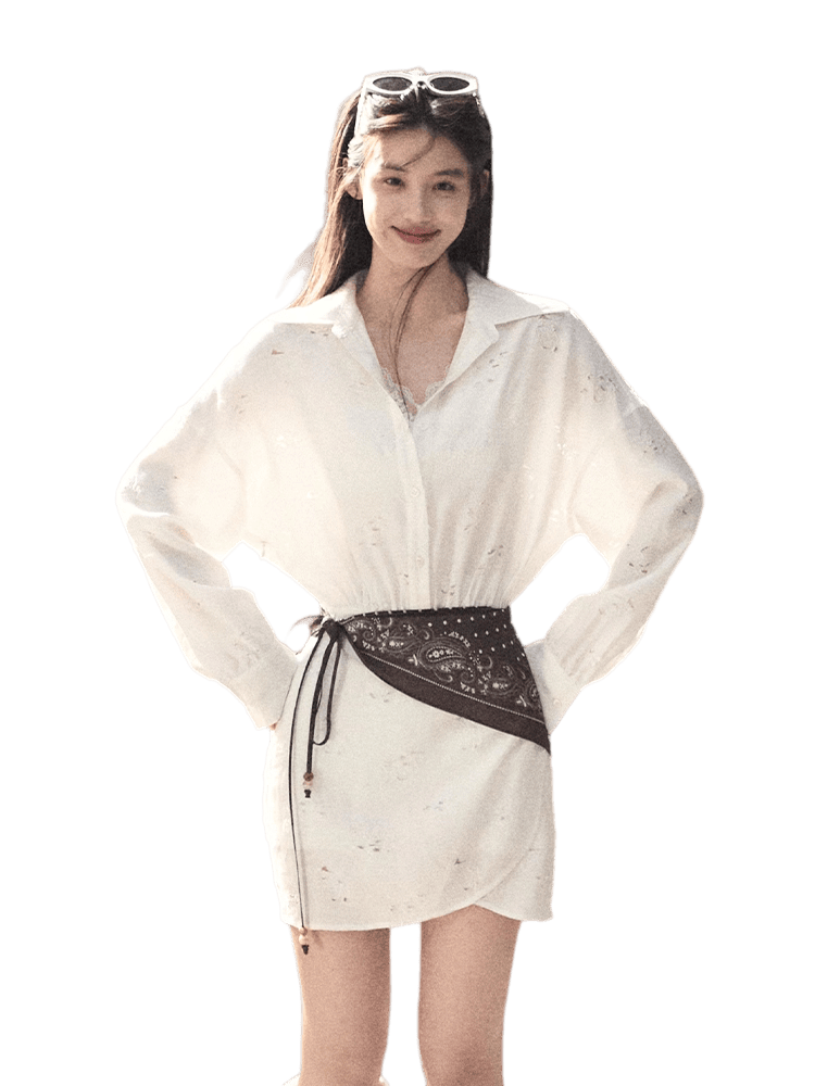 Waist-Cinched Long-Sleeve Shirt Dress