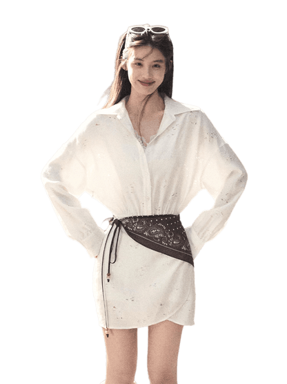 Waist-Cinched Long-Sleeve Shirt Dress