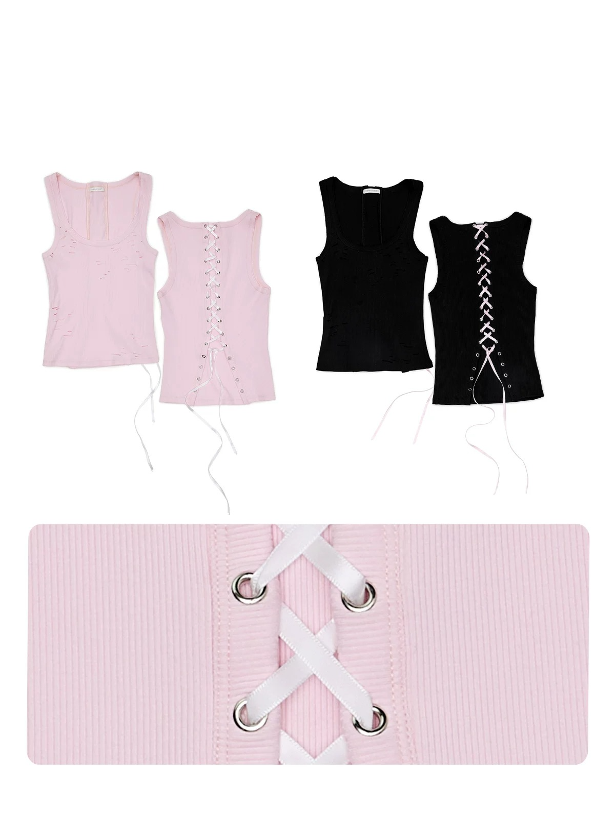 Distressed Lace-Up U-Neck Knit Tank Top 1Jinn Studio