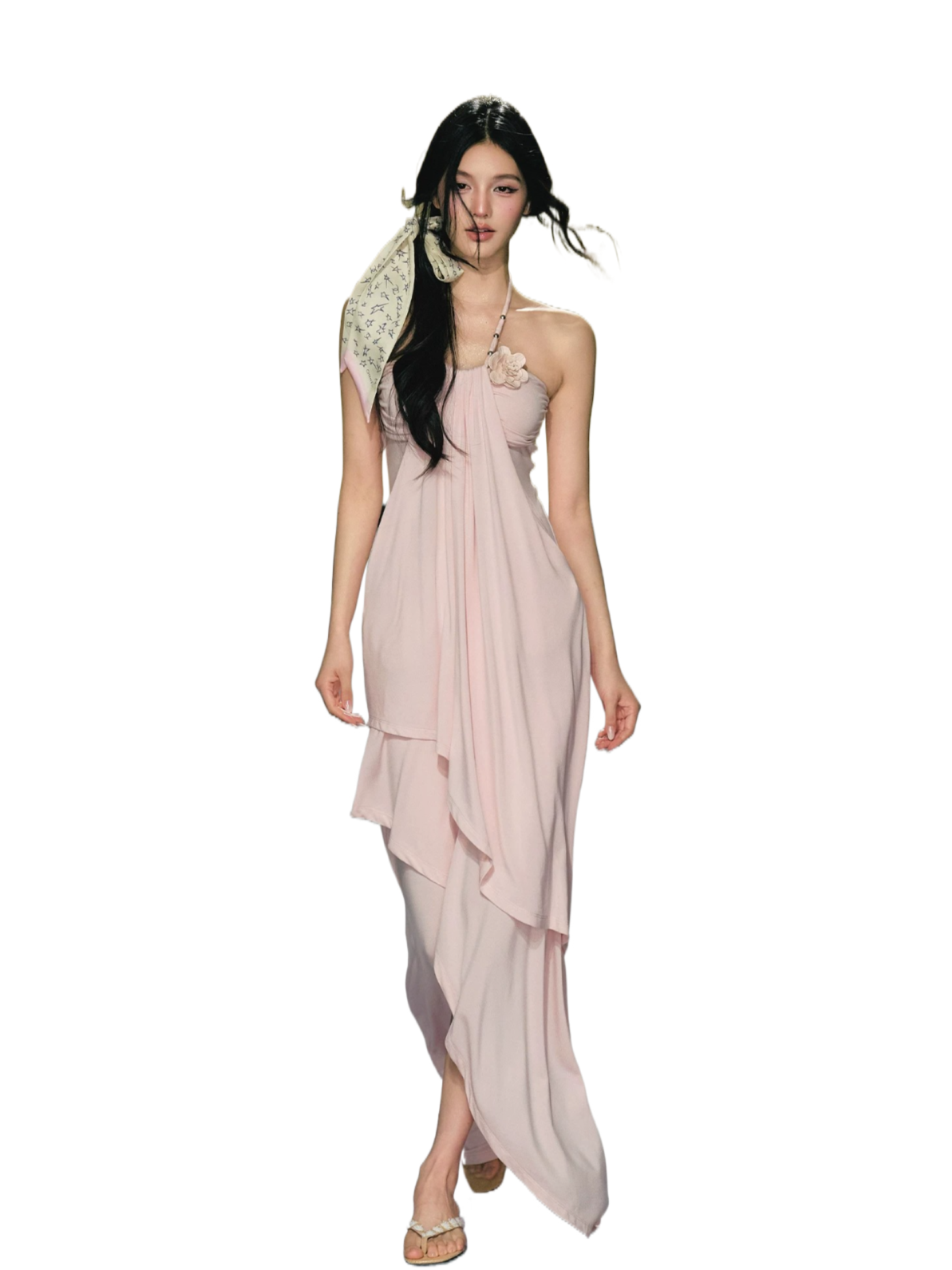 Blush Layered Halter Draped Maxi Dress