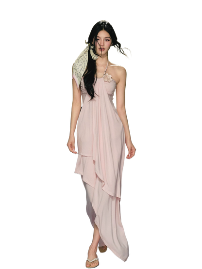 Blush Layered Halter Draped Maxi Dress