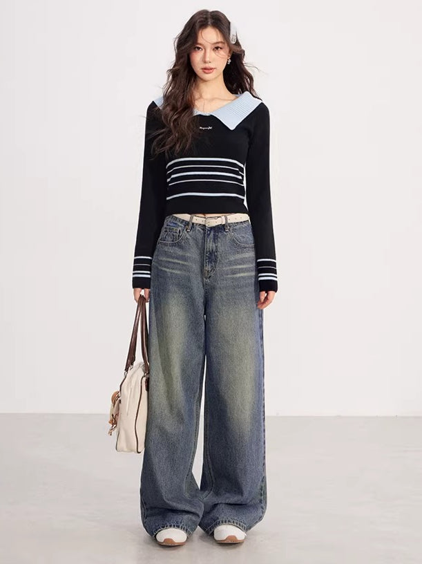 Contrast Collar Striped Knit Polo Top
