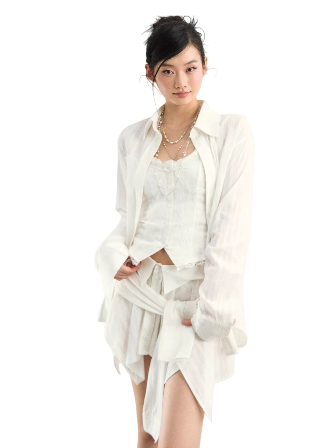Lace-Panel Camisole Shirt &amp; Skirt Three-Piece Set