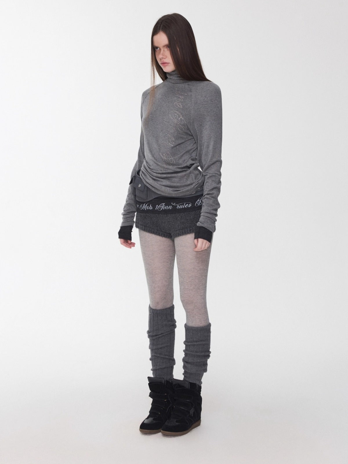 Rhinestone High-Neck Raglan Knit T-Shirt
