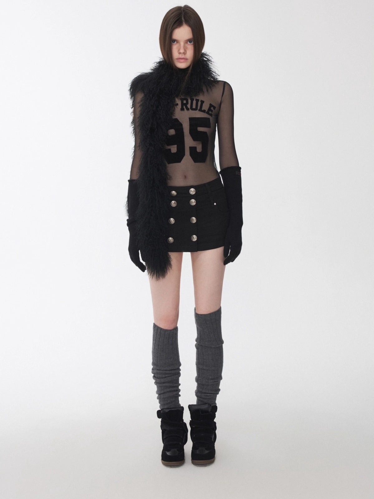 Velvet-Textured Sport Print Mesh Blouse