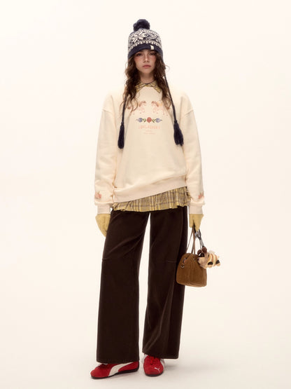 Red Belt Decor Curved-Hem Denim Wide-Leg Jeans