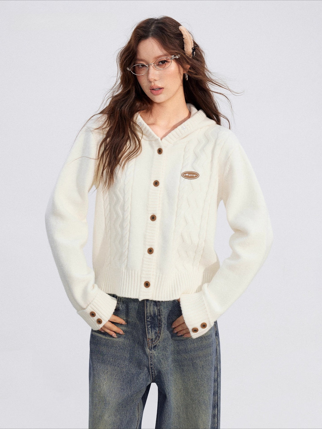 Detachable-Fur Cable-Knit Hoodie