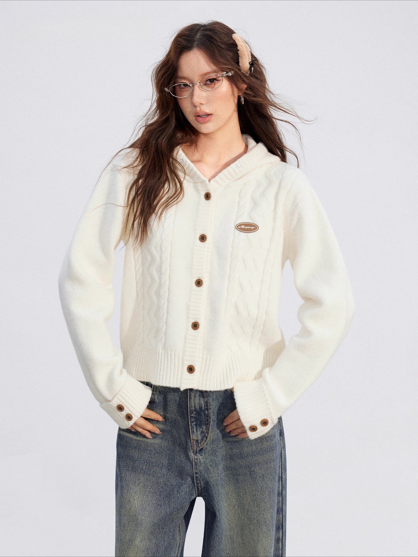 Detachable-Fur Cable-Knit Hoodie