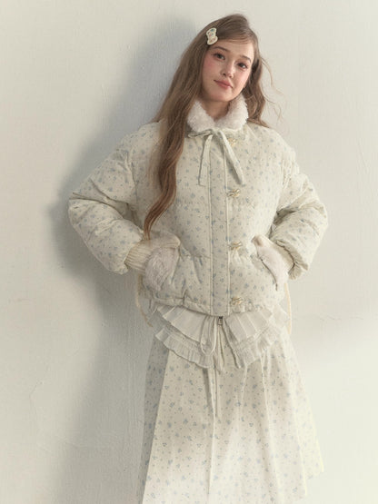 Floral Corduroy Puffer Jacket &amp; Pleated Skirt Set