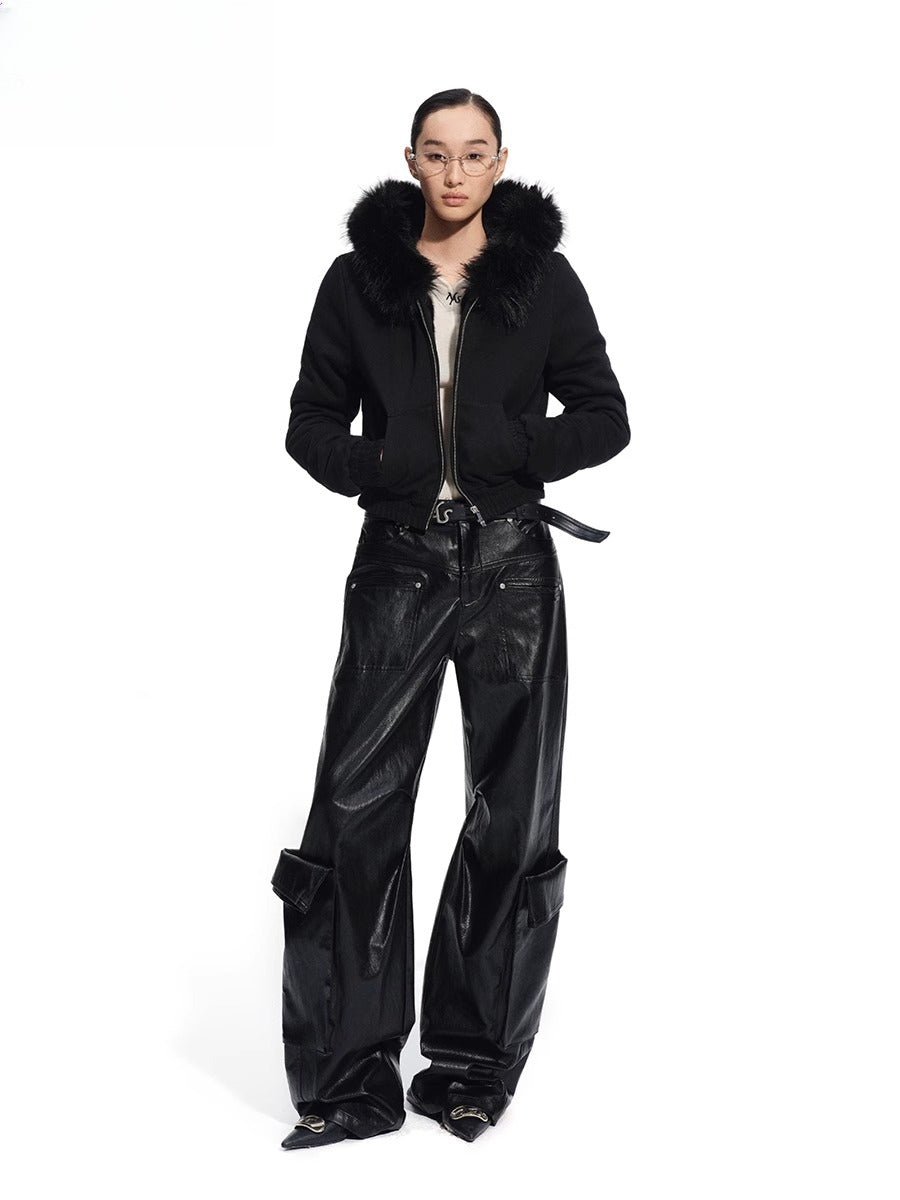Punk-Style Eco Textured Faux Leather Wide-Leg Pants