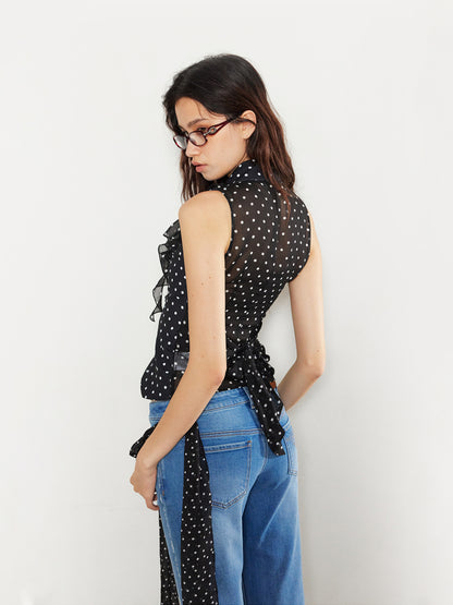 Lace Love Embroidery Polka Dot V-Neck Tank Top - CHINASQUAD