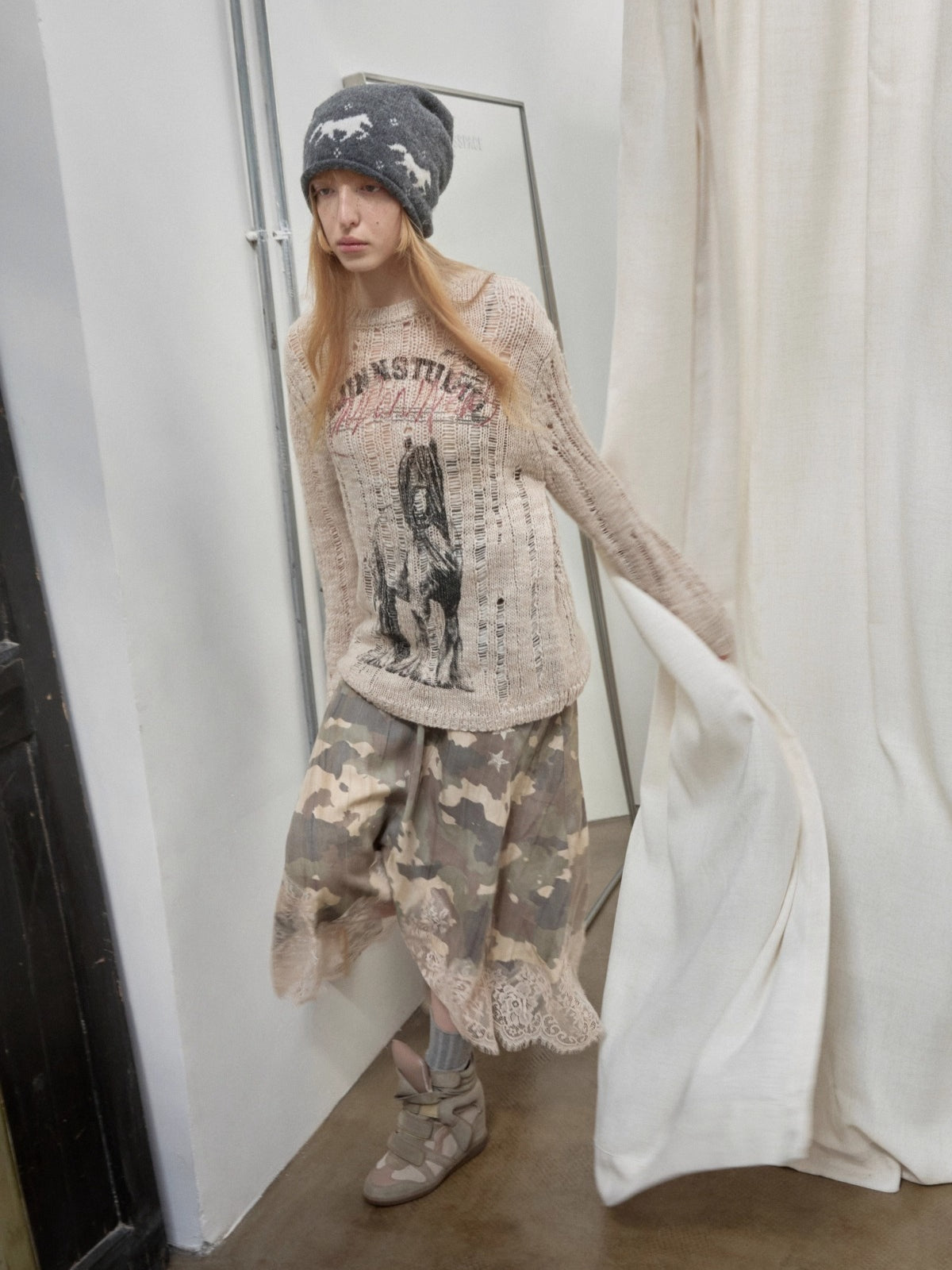 Icelandic Animal Pattern Open-Knit Sweater