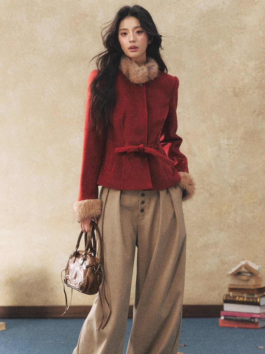 Two-Tone Tie-Detail Wool-Blend Jacket