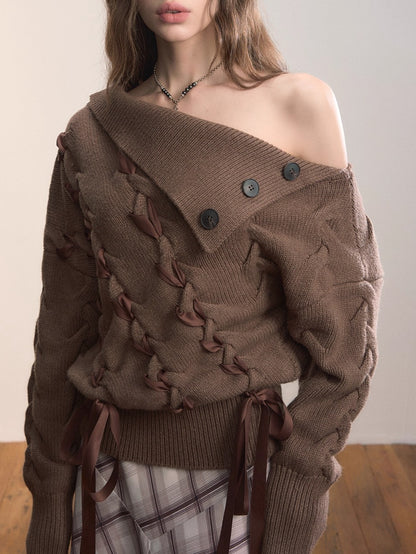 Asymmetric Off-Shoulder Cable Knit Sweater