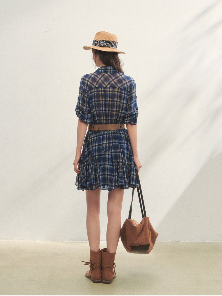 Collared Checked Waist-fitted Long-sleeve Shirt Dress - CHINASQUAD