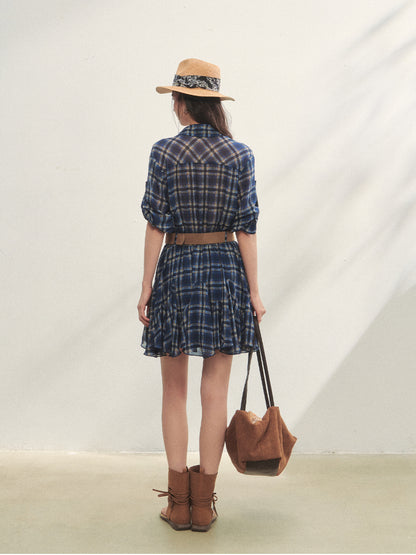 Collared Checked Waist-fitted Long-sleeve Shirt Dress - CHINASQUAD