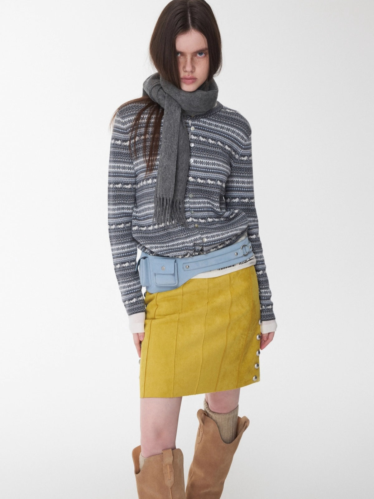 Suede Studded High-Waist Midi Skirt