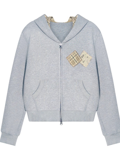 Plaid Appliqué Embroidery Zip-up Hoodie