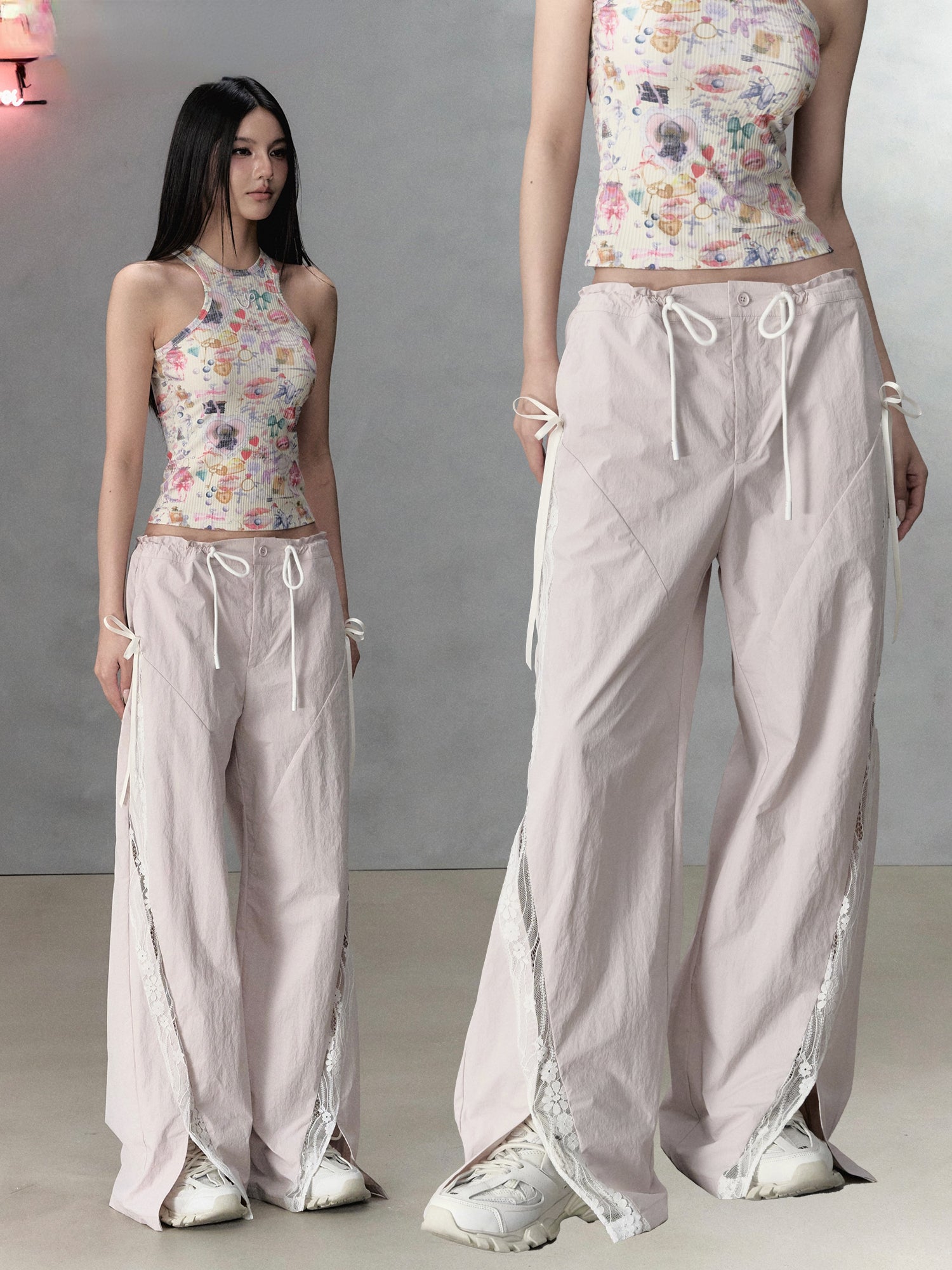 Pink Lace Patchwork Casual Cargo Pants