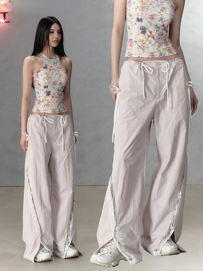 Pink Lace Patchwork Casual Cargo Pants