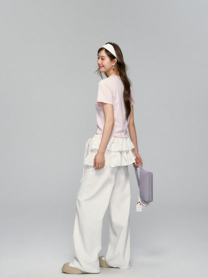 Floral Drawstring Pocket Multi-Layered Cake Skirt