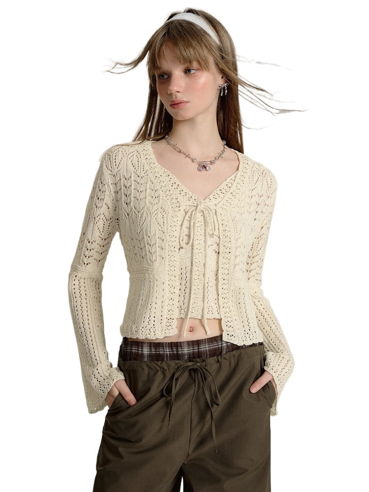 White Chunky Knit Openwork Cardigan Set