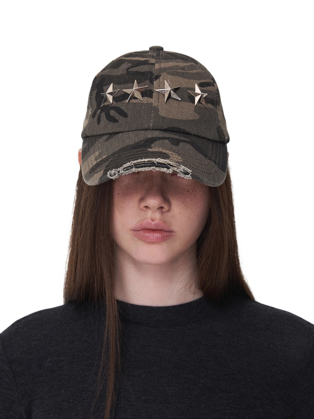 Distressed Star-Studded Camouflage Baseball Cap