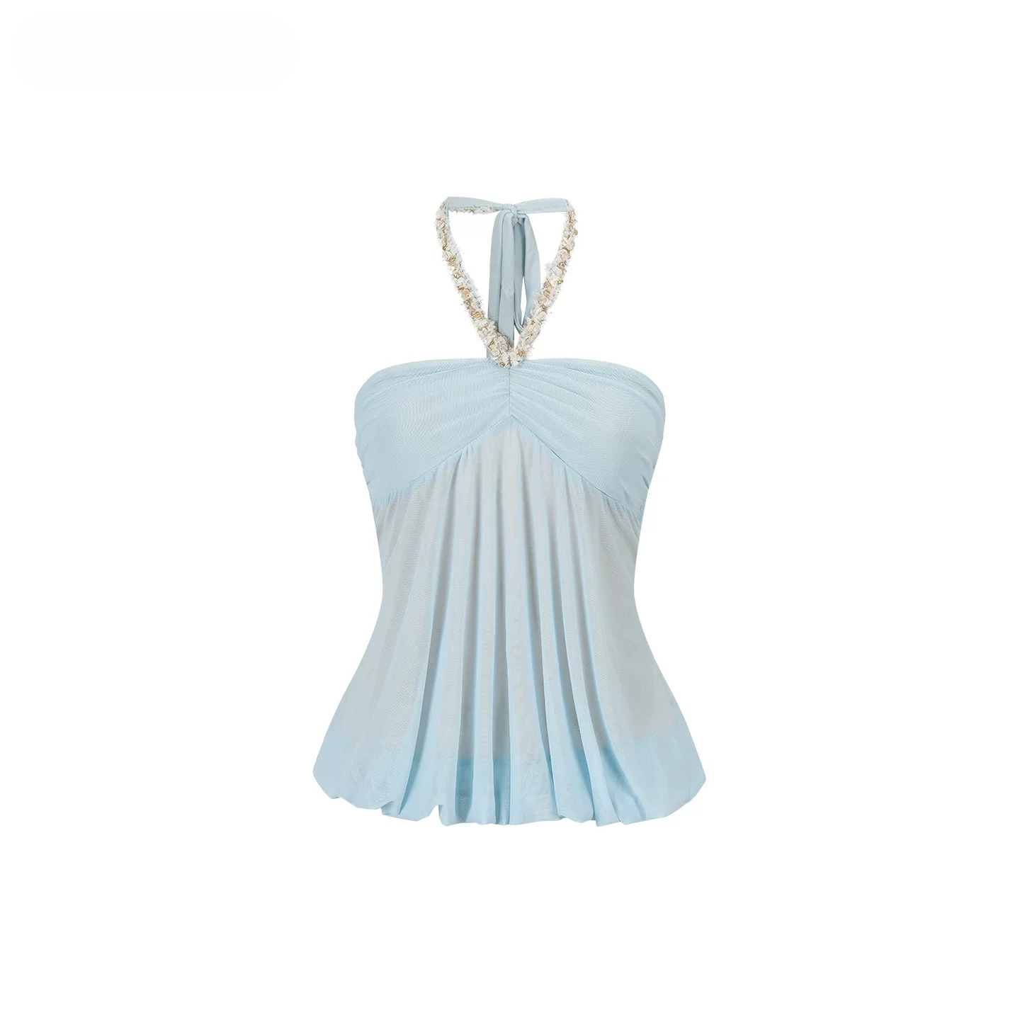 Sheer Double-Layer Mesh Halter Backless Top
