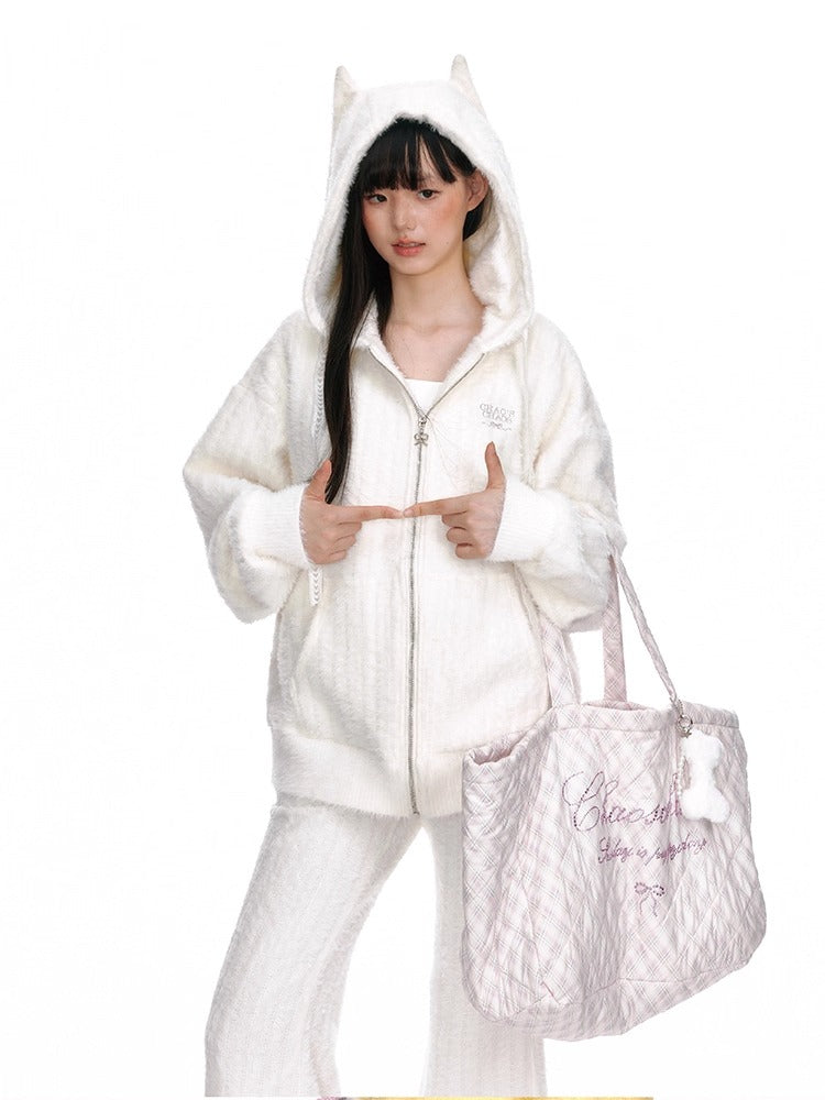 Crystal-Embellished Plaid Large Tote Bag