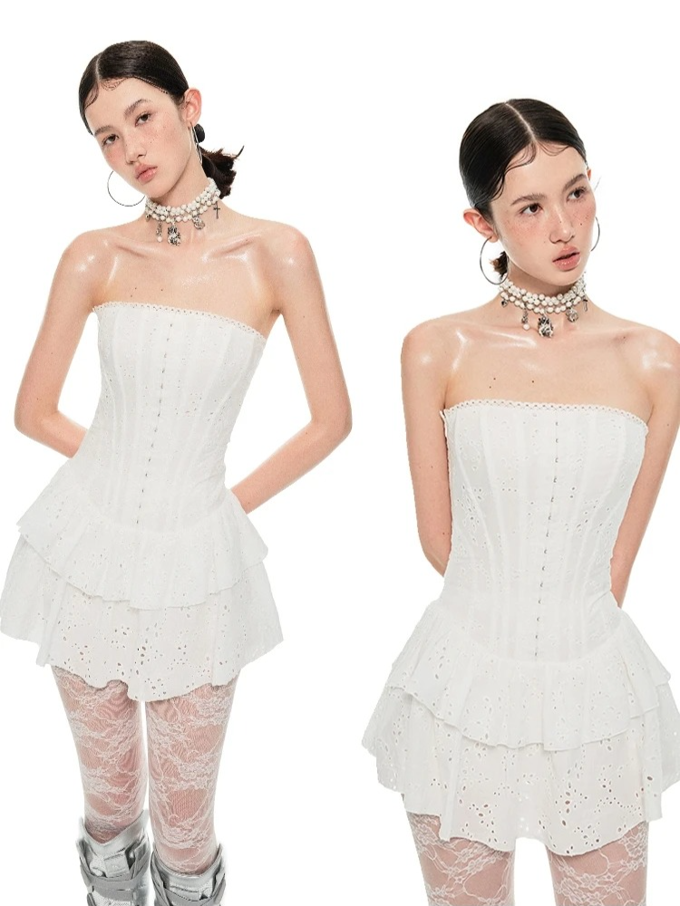 White Embroidered Chevron Dress