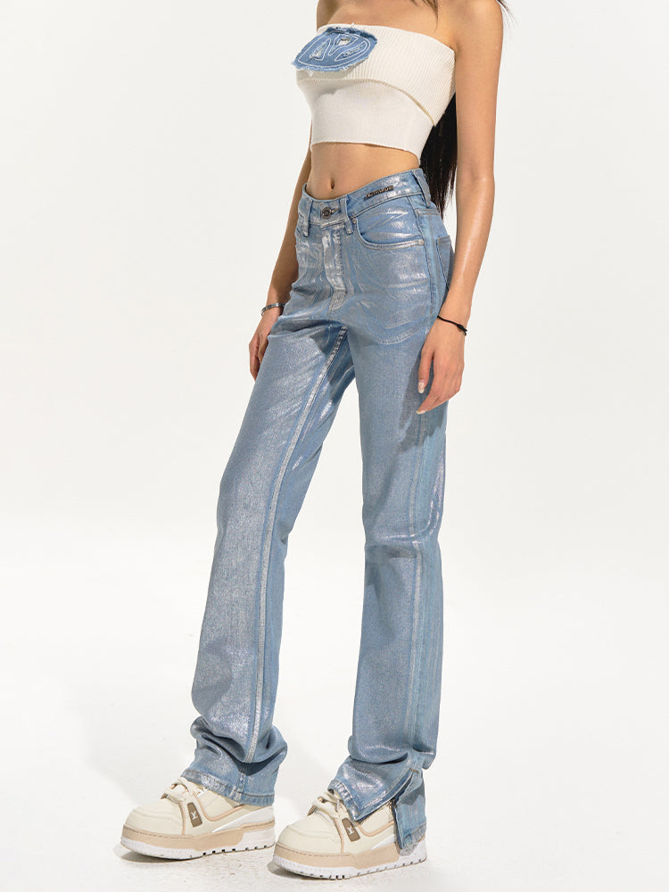 Denim Zipper-Slit Straight-Leg Jeans