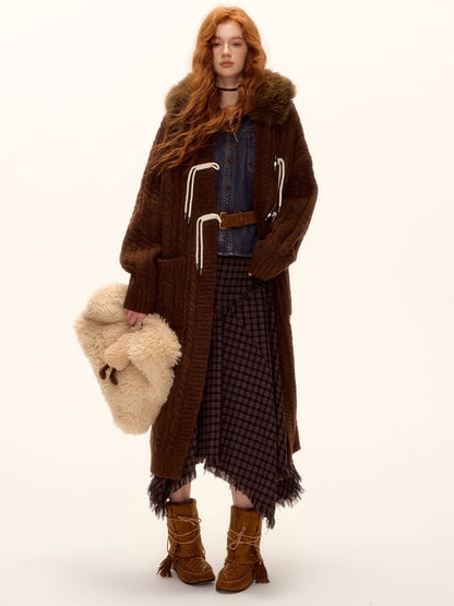 Detachable Fur Collar Cable-Knit Duffle Coat