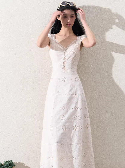 Cream White Lace-Panel Slim Fit Textured Dress