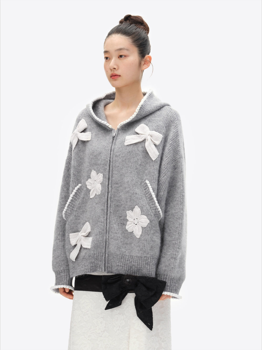 Crochet-Trim Knit Hoodie
