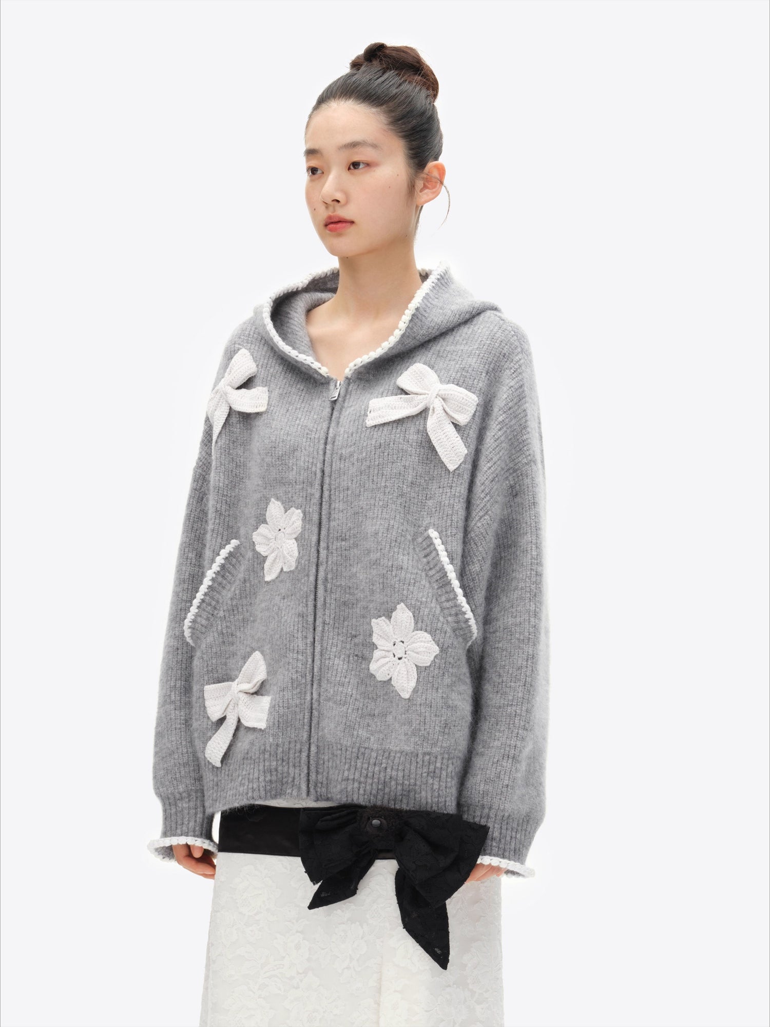 Crochet-Trim Knit Hoodie
