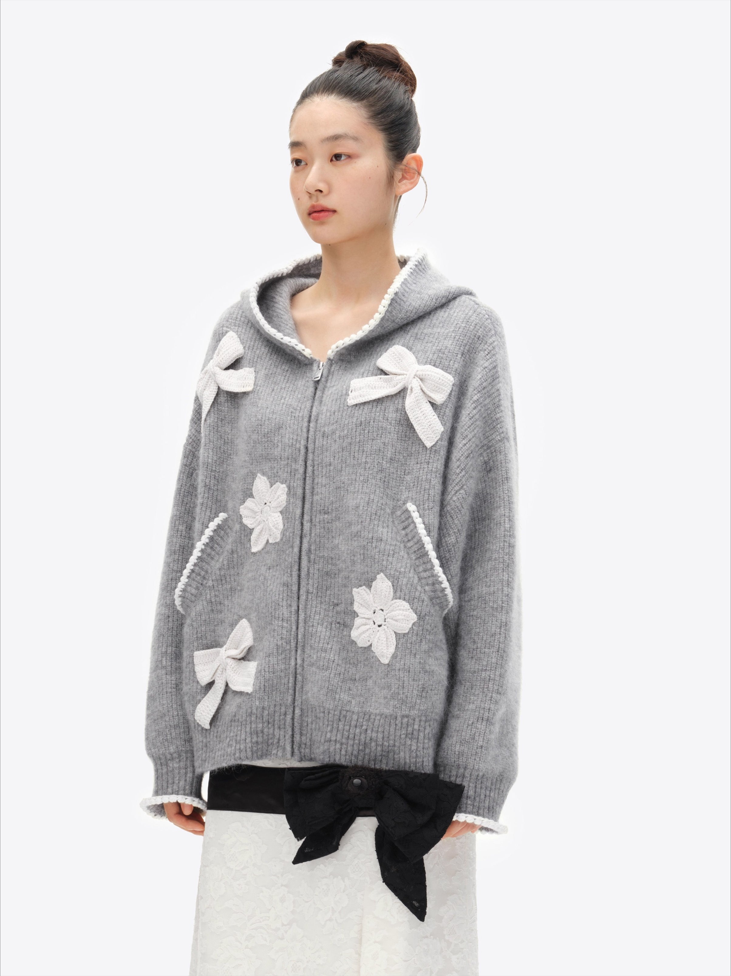 Crochet-Trim Knit Hoodie