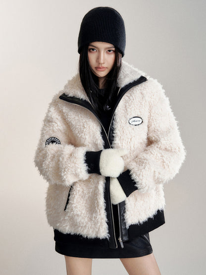 Contrast Faux Leather Fur-Lined Coat