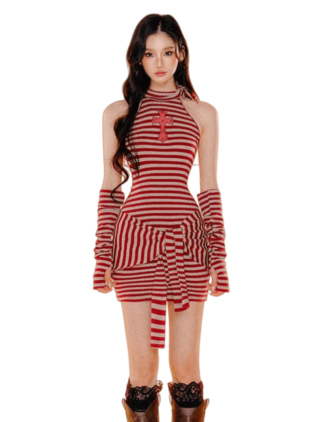 Cross Mesh Cut-Out Striped Knit Dress