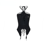 Black & Blue Irregular Drawstring Slimming Tank Top - CHINASQUAD