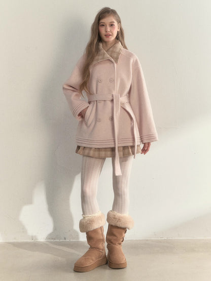 Khaki &amp; Misty Pink Plaid Collar &amp; Belt  Wool Coat