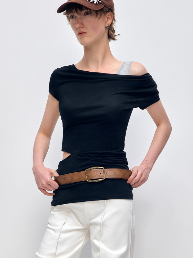 Slanted Shoulder Strap Short-Sleeve T-shirt