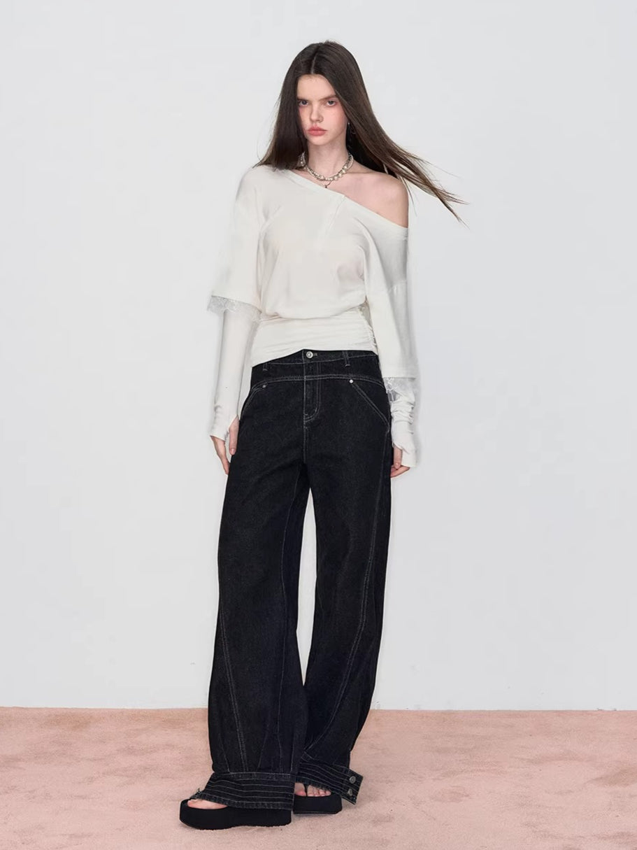 Asymmetric Lace-Panel Faux Layered T-Shirt