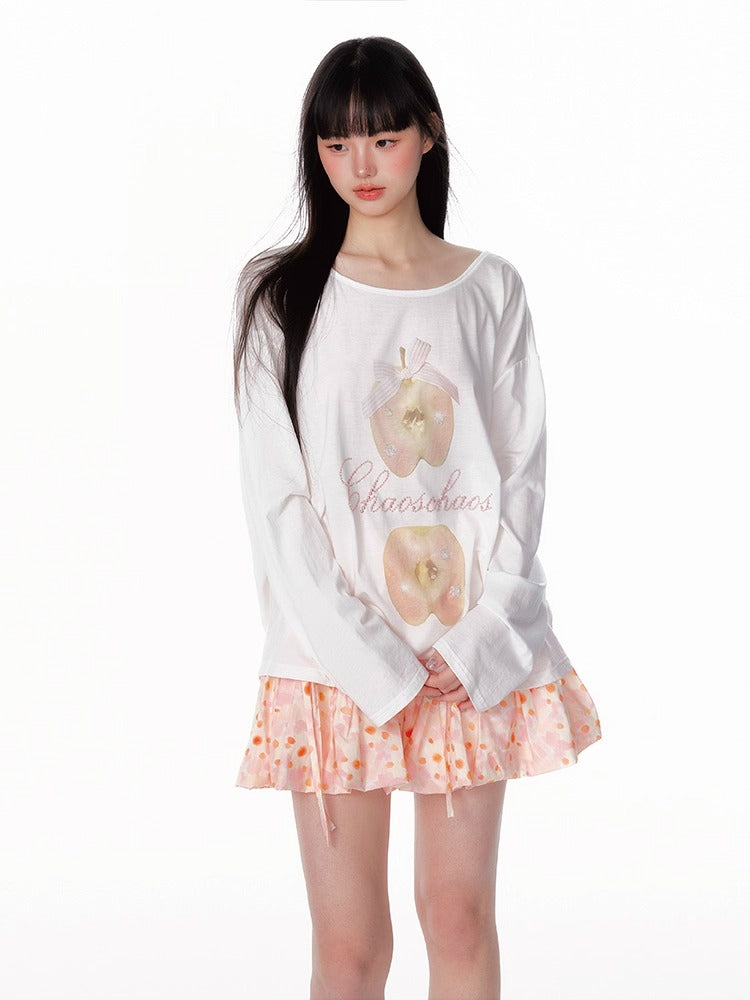 Off-Shoulder Crystal Apple Print Loose T-Shirt