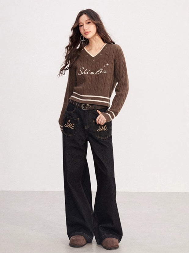 Layered-Effect Embroidered Knit V-Neck Sweater