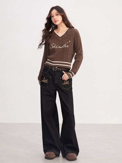 Layered-Effect Embroidered Knit V-Neck Sweater